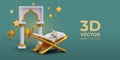 Festive Ramadan banner. 3D Koran on gold stand, oriental figured arch, camel, ketupat, stars