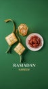 Ramadan Kareem Greeting With Dates, Lantern, And Ketupat On Green Background Royalty Free Stock Photo