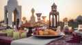 Ramadan decor table iftar breaking fast with traditional food and decoration - Ai Generated