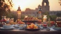 Ramadan decor table iftar breaking fast with traditional food and decoration - Ai Generated