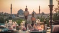 Beautiful Festive Ramadan decor table iftar breaking fast with traditional food - Ai Generated