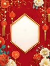 A festive red background with floral designs and lanterns, featuring a blank hexagonal frame Royalty Free Stock Photo