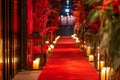 Festive red carpet decor in concert hall corridor for special event. Concept Red Carpet Decor, Royalty Free Stock Photo