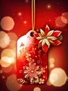 Festive red Christmas gift label on a red background. Royalty Free Stock Photo