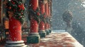 Festive Red Columns Adorned with Christmas Greenery and Snow Royalty Free Stock Photo