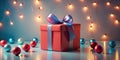 A festive red gift box with a blue ribbon underneath string lights and ornamental spheres. Generative AI Royalty Free Stock Photo