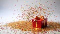 A festive red gift box exploding with sparkling star confetti and glittering gold dust. Generative AI Royalty Free Stock Photo