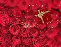 Red roses with gold background ,greetings card banner For Valentine day and Women day pattern Royalty Free Stock Photo