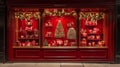 Festive Red Storefront Christmas Display with Gifts and Tree Royalty Free Stock Photo