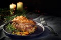 Festive roast pork meal with crispy crust on a gray plate, table