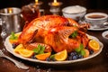 Festive roast turkey with sauce for Thanksgiving or Christmas. Generative AI