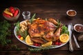 Festive Roasted Turkey with Colorful Vegetables, A Delicious Holiday Feast. created with Generative AI Royalty Free Stock Photo