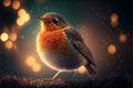 Festive robin bird with bokeh fairylights. Generative Ai Royalty Free Stock Photo