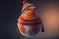 A festive robin wrapped up in a knitted hat and scarf. Generative ai