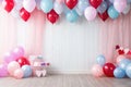 A festive room filled with vibrant balloons and a scrumptious cake, creating a joyful atmosphere for a celebration, Colorful