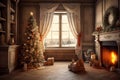 Festive Room View: Fireplace, Decorations, and Christmas Tree. AI Royalty Free Stock Photo