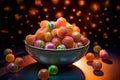 Festive round caramel candies in a plate.