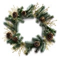 Festive round frame Christmas tree branches, pinecone and red berries, Concept minimalist Christmas and new year,AI generated