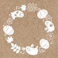 Halloween background with funny ghosts and pumpkins. Round vector illustration with place for text on kraft paper. Can be greetin
