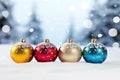 Festive round multicolored Christmas balls on light white background