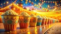 A festive row of popcorn buckets at a nighttime fair with string lights. Generative AI Royalty Free Stock Photo