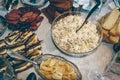 Festive russian food with Olivier salad and marinated mushrooms
