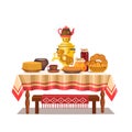 Festive Russian Table with a samovar, pancakes, bagels, pie, jam. Cartoon vector illustration isolated on white background