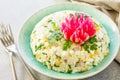 Festive Salad with Rice, Onion, Egg, Corn and Mushrooms Royalty Free Stock Photo