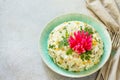 Festive Salad with Rice, Onion, Egg, Corn and Mushrooms on a gray stone