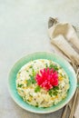 Festive Salad with Rice, Onion, Egg, Corn and Mushrooms