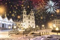 Festive salute in night Minsk for Christmas and New Year. Celebrating New Year in Belarus. Fireworks and salutes, night lights Royalty Free Stock Photo