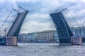 Festive salute to the Day of the Russian Navy. The Palace Bridge over the Neva