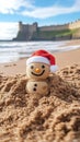 Festive sandman with santa hat on sunny beach by the castle Royalty Free Stock Photo