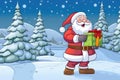Festive Santa Claus with Gift Sack in Snowy Winter Wonderland - Christmas Cartoon Illustration Royalty Free Stock Photo