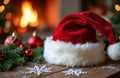 Festive santa hat with christmas decorations by cozy fireplace Royalty Free Stock Photo