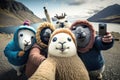 Couple taking selfie with group of animals on the road in Iceland