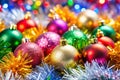 Christmas decoration on the colorful tinsel background Royalty Free Stock Photo