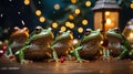 A Festive Frog Chorus: A Whimsical Holiday Gathering with Friends and Glowing Lights Royalty Free Stock Photo