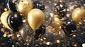 The Festive Scene with Gold and Black Balloons Surrounded by Confetti.AI generated image Royalty Free Stock Photo