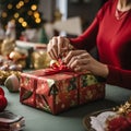 Festive scene with hands wrapping a Christmas gift