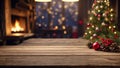 Festive background with wooden table and christmas decorations on Christmas tree. Royalty Free Stock Photo