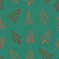 Festive Seamless Pattern Adorned With Charming Doodle Christmas Trees On Green Background. Wrapping Paper Royalty Free Stock Photo