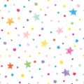 Festive seamless pattern background. Colorful polka dots and stars isolated on white.