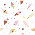 Festive seamless pattern background with paper cutout ice cream cones, fruits and polka dots. For birthday, scrapbook Royalty Free Stock Photo