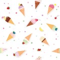 Festive seamless pattern background with paper cutout ice cream cones, fruits and polka dots. For print and web.