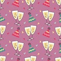 Festive seamless pattern, champagne glasses, party hats and confetti. Festive background, print vector Royalty Free Stock Photo