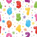 Festive seamless pattern with colorful balloon numbers and confetti. For birthday, baby shower, holidays design. Royalty Free Stock Photo