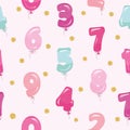 Festive seamless pattern with colorful balloon numbers and glitter confetti. For birthday, baby shower, holidays design. Royalty Free Stock Photo