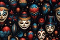 festive seamless pattern with colorful carnival masks clowns for the holiday on black background