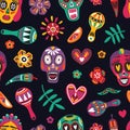 Festive seamless pattern with decorative skulls, Catrina`s face, flowers, chili peppers, maracas on black background
